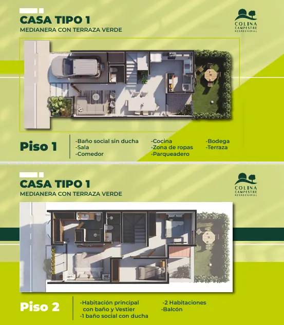 Plano de distribución arquitectónica Casa Tipo 1 Medianera - Colina Campestre
