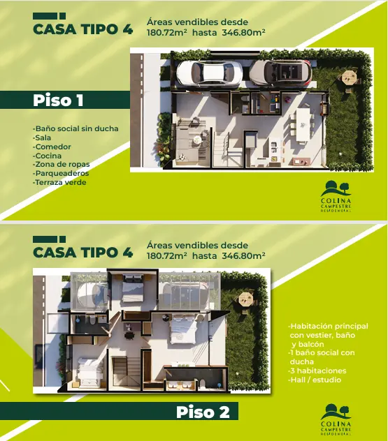 Esquema estructural y fachadas de la tipología campestre Premium de INGNOVARQ